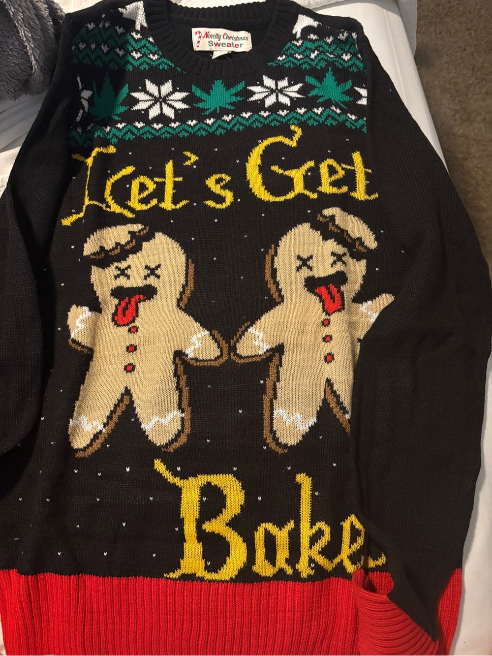 Novelty 'Let's Get Baked' Gingerbread Sweater - Black with Red Trim Sz Small